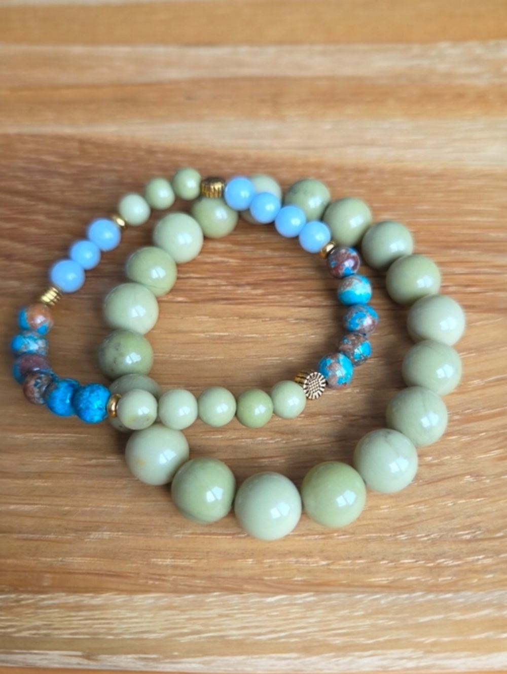 Green Matcha Jasper & Blue Angelite Beads Stretch Bracelet Set, Handcrafted - Picture 2 of 13